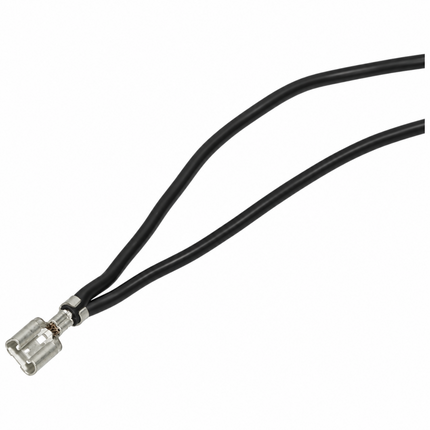 A black dual-core cable with a silver metal connector on one end, shown against a plain white background.