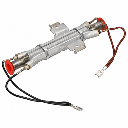 A metal electric heating element assembly with a clear glass tube, silver metal brackets, and red and black wire leads on a white background.