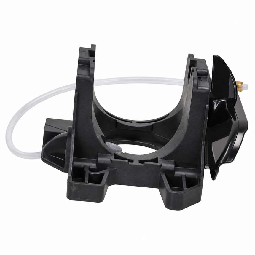 Black plastic water pump assembly with a clear tubing hose and a small brass fitting, shown on a plain white background.
