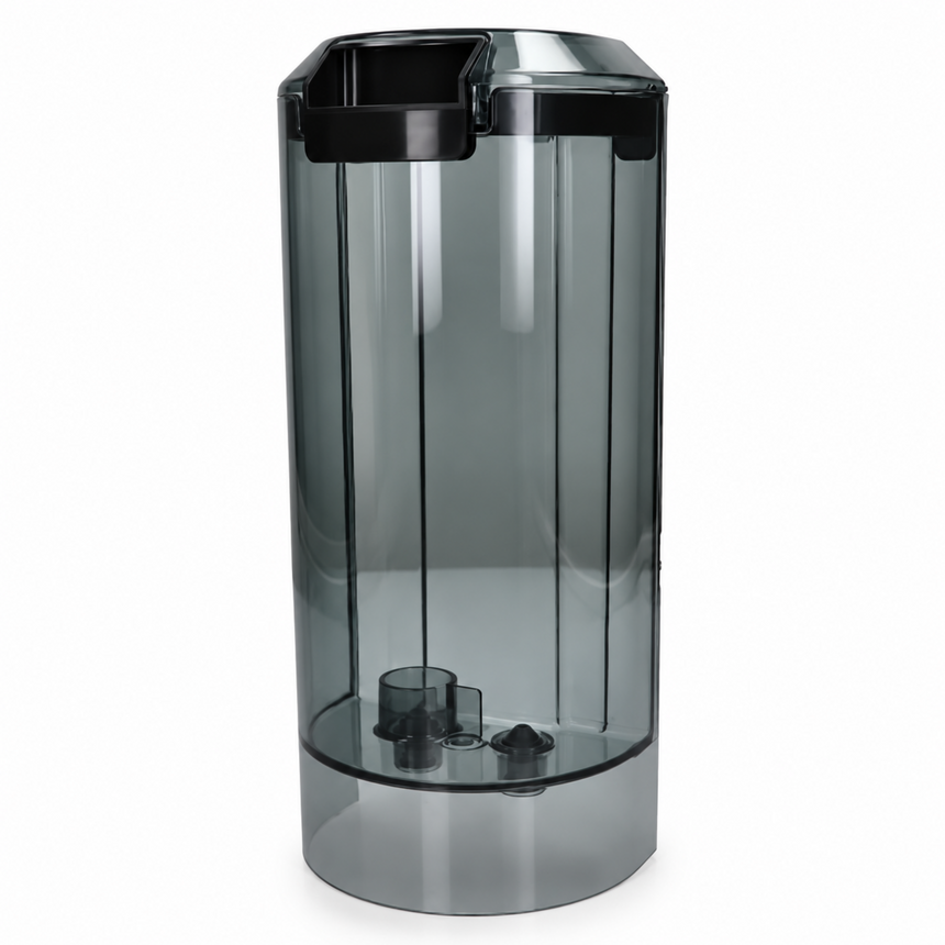 A tall, cylindrical transparent smoky gray container or dispenser with a black top handle and base, shown on a plain white background.