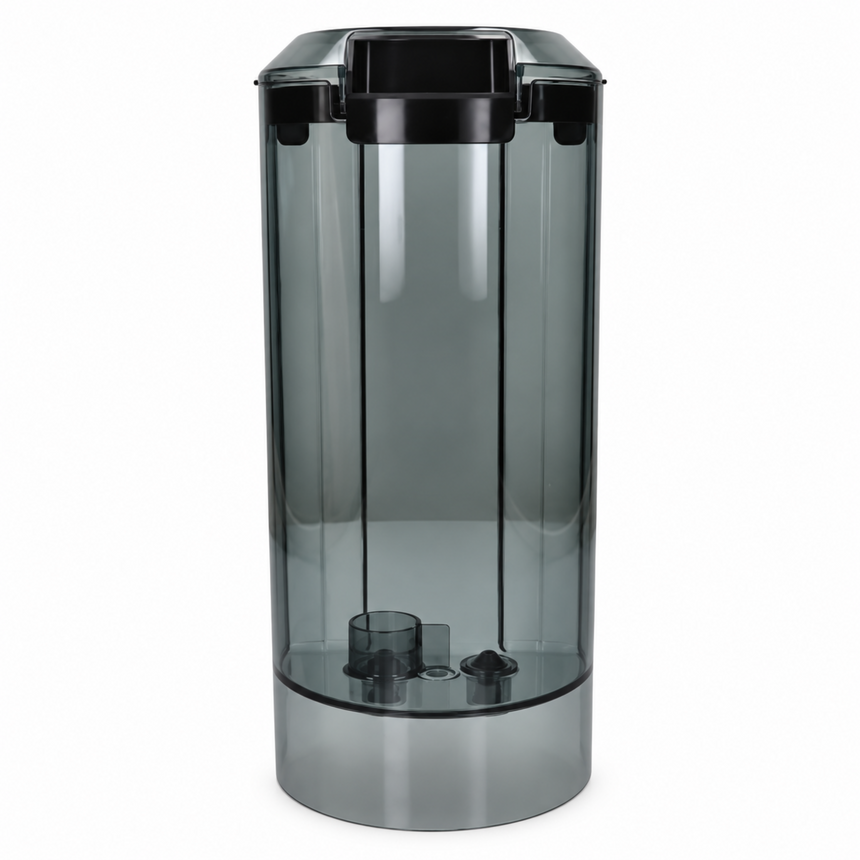 A tall, cylindrical transparent smoky gray container with a black lid and base, shown on a plain white background.