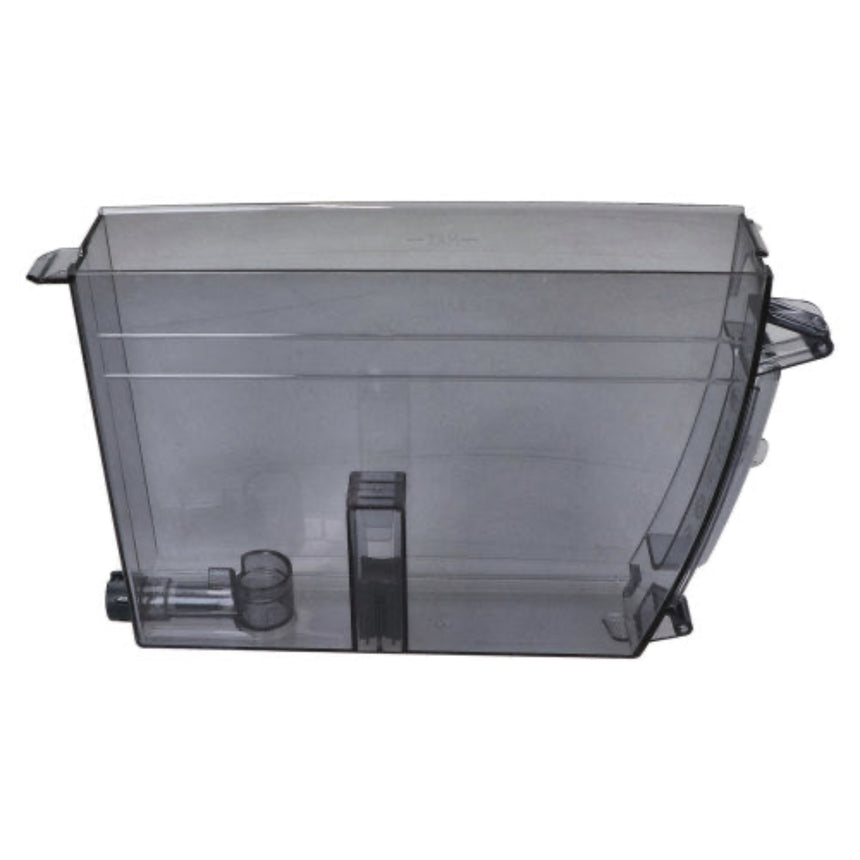 A translucent dark gray plastic water tank or filter container with integrated clips and a small cylindrical component, shown on a plain white background.