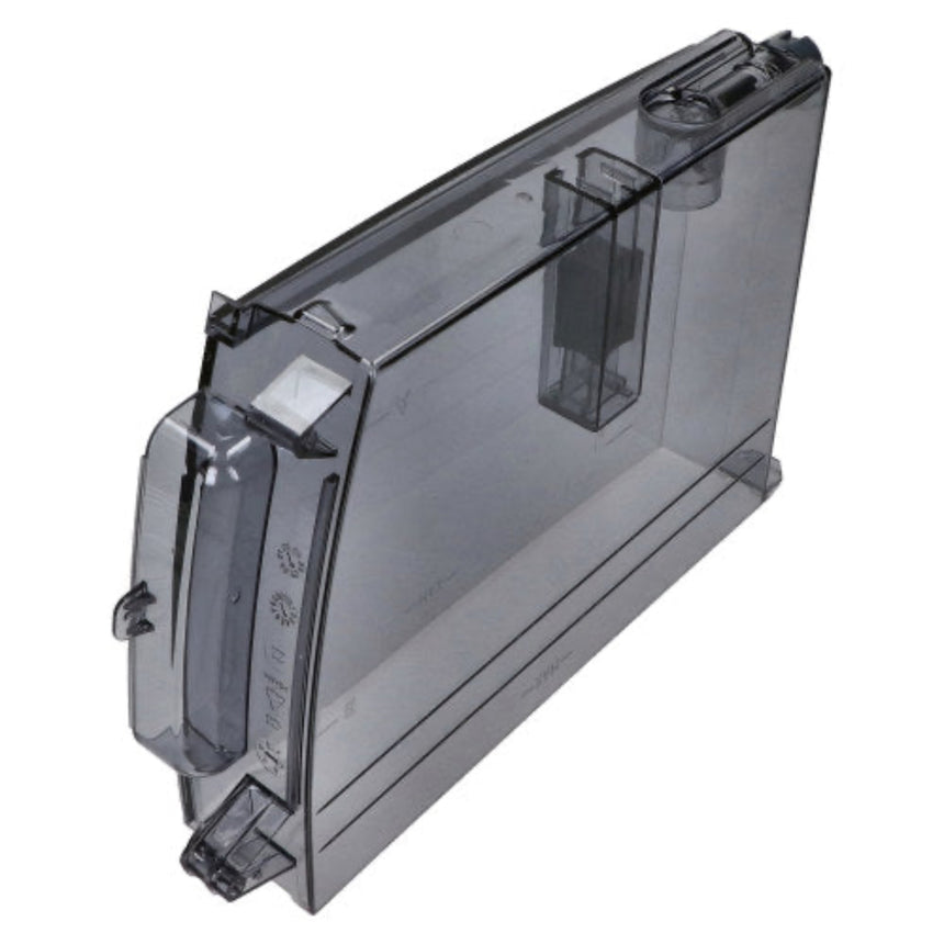 A translucent dark gray plastic water tank or reservoir container, shown at an angle on a plain white background.