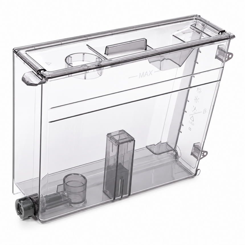 A clear plastic water reservoir tank with measurement markings, a top hinged lid, and internal filter components, shown on a white background.