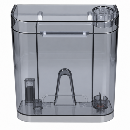 A transparent gray plastic aquarium filter canister with integrated components including a drain basket, filter cartridge holder, and air stone, shown against a plain white background.
