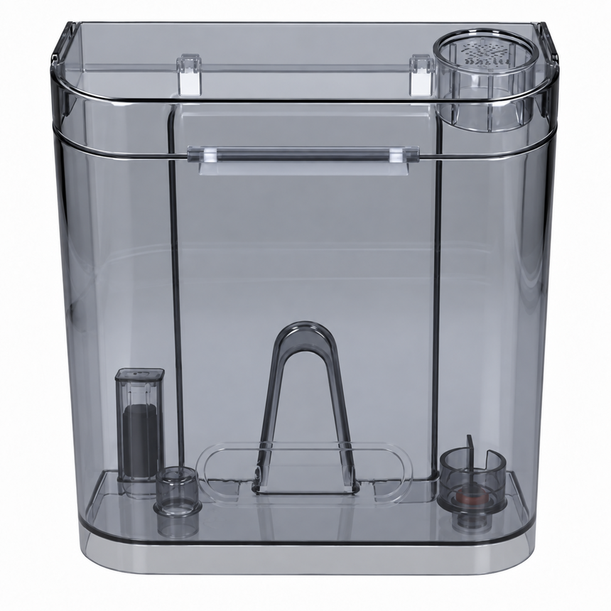 A transparent gray plastic aquarium filter canister with integrated components including a drain basket, filter cartridge holder, and air stone, shown against a plain white background.