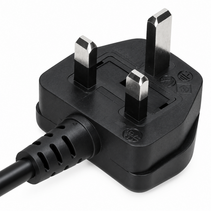 A black UK three-pin wall plug adapter with a black cable, shown on a clean white background.