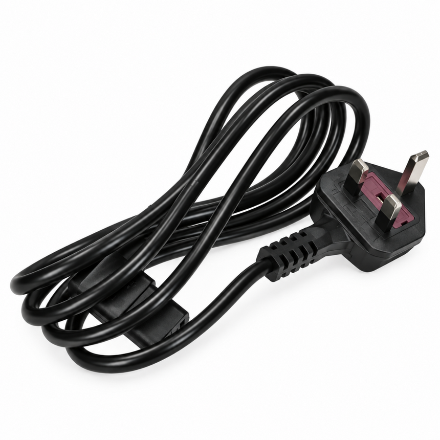 A black coiled power cord with a UK two-pin plug connector, shown on a plain white background.