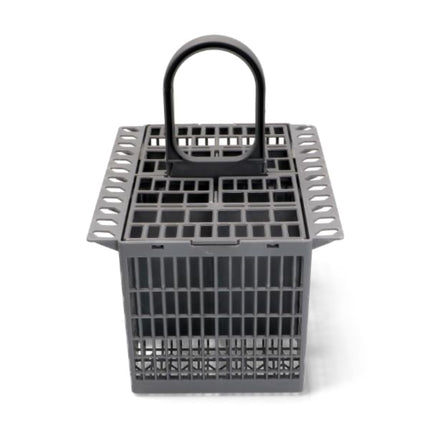 Gray plastic basket with a handle on a white background