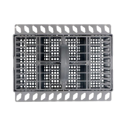 Gray plastic dishwasher rack on a white background