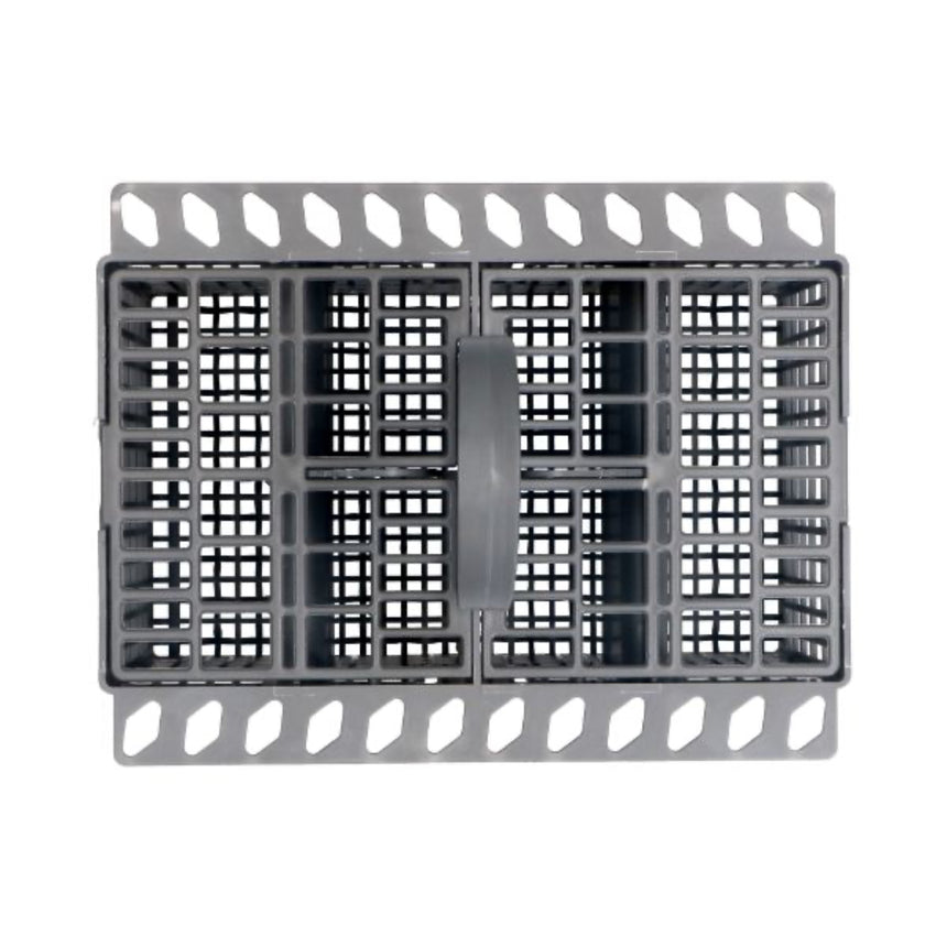 Gray plastic dishwasher rack on a white background