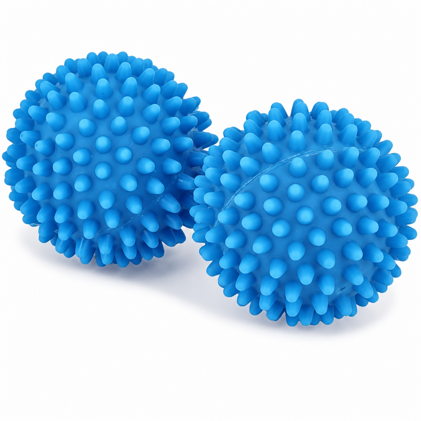 Two blue textured massage balls with raised nubs, photographed on a clean white background.