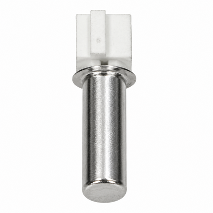 A small cylindrical metal component with a white rectangular plastic or ceramic top, isolated on a plain white background.