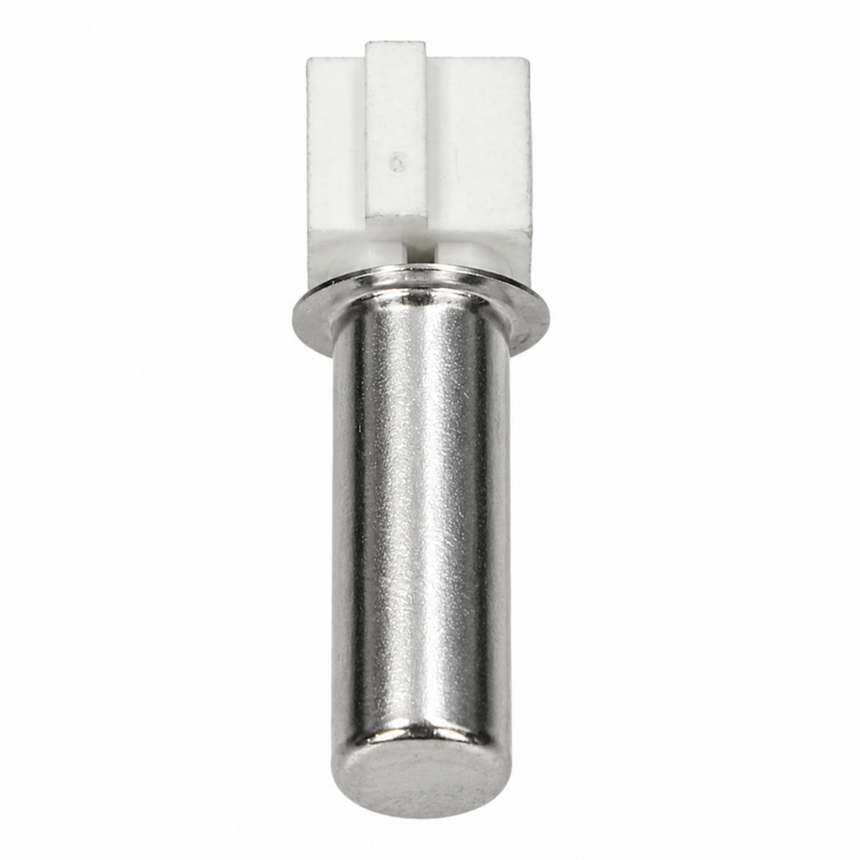 A small cylindrical metal component with a white rectangular plastic or ceramic top, isolated on a plain white background.