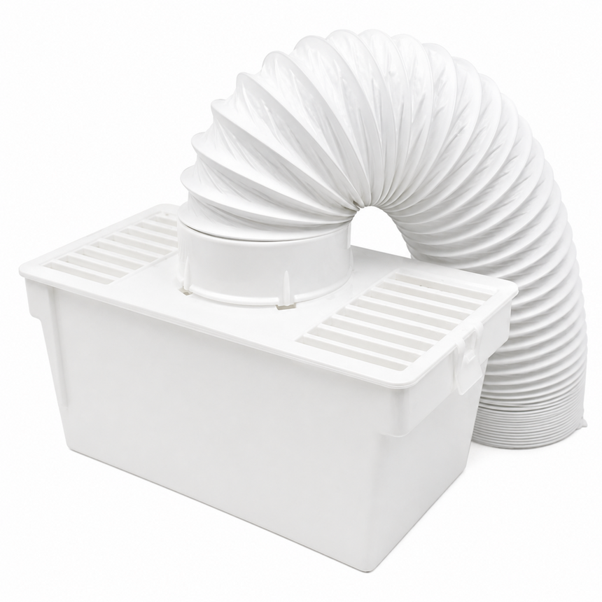 White plastic box with a coiled white hose on a white background