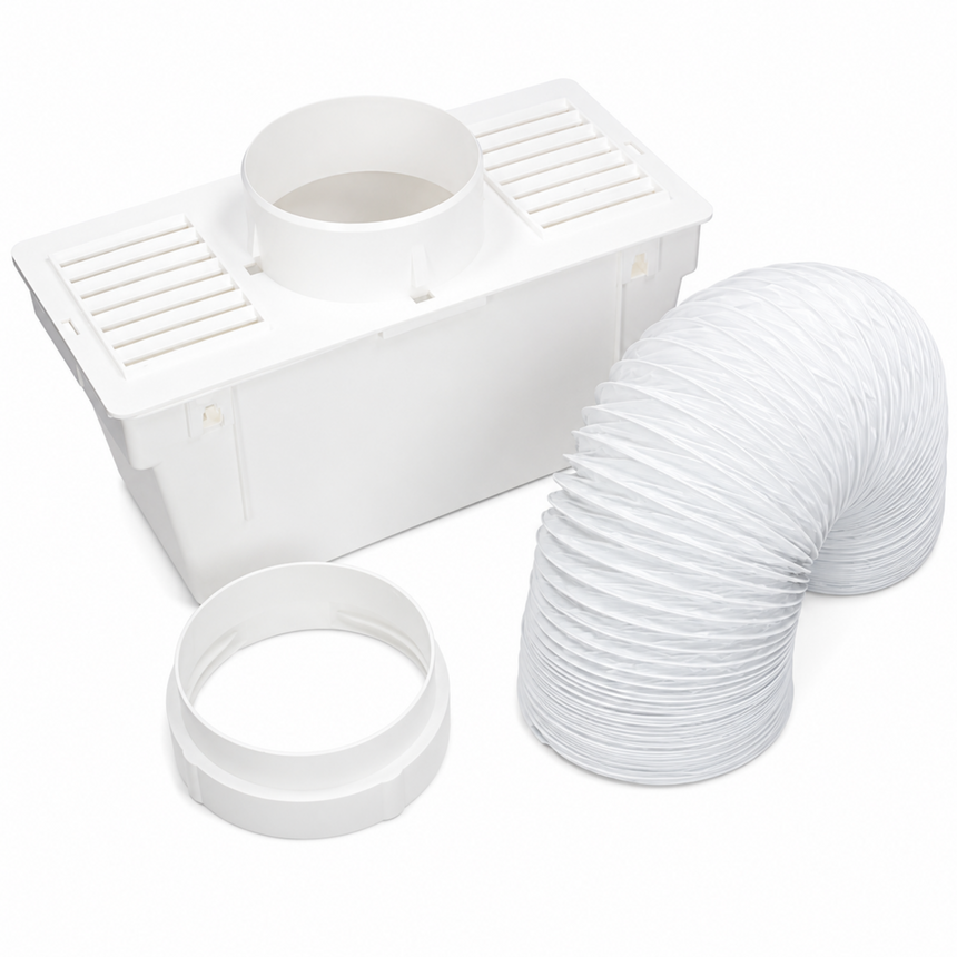 White plastic components including a hose, connector, and box on a white background