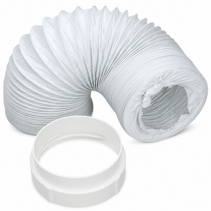 Coiled white flexible duct with a matching connector on a white background