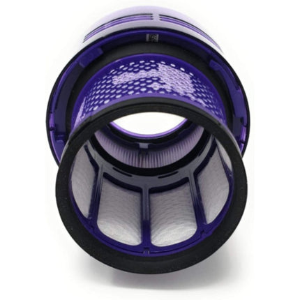 Two vacuum filter wheels, one purple and one black, on a white background