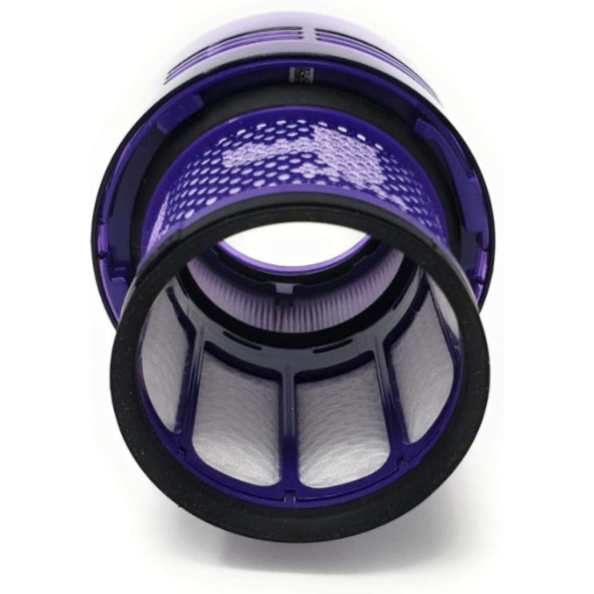 Two vacuum filter wheels, one purple and one black, on a white background