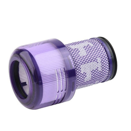 Purple and black cylindrical filter on a white background
