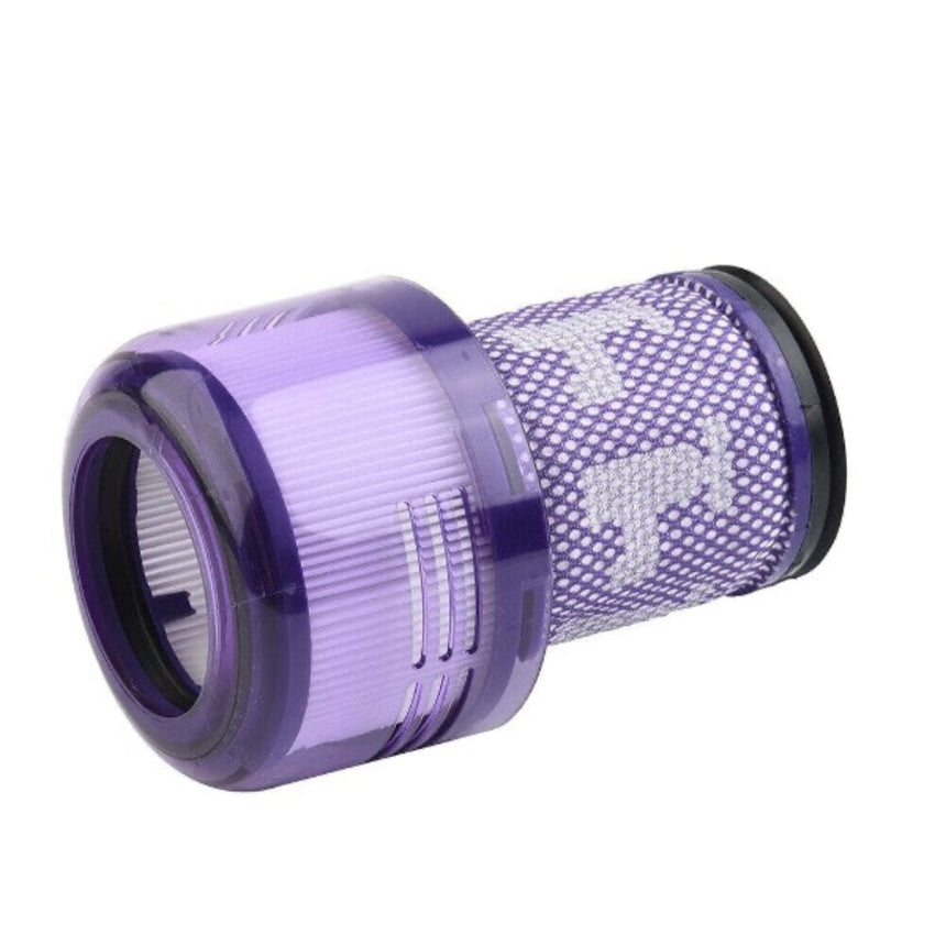 Purple and black cylindrical filter on a white background