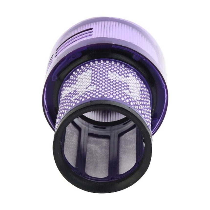 Purple and black cylindrical filter on a white background