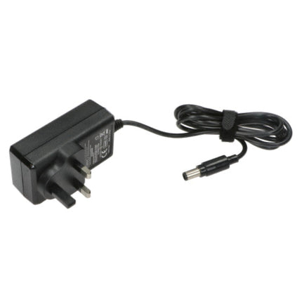 Black power adapter with cable on a white background