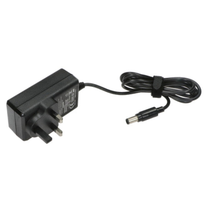 Black power adapter with cable on a white background
