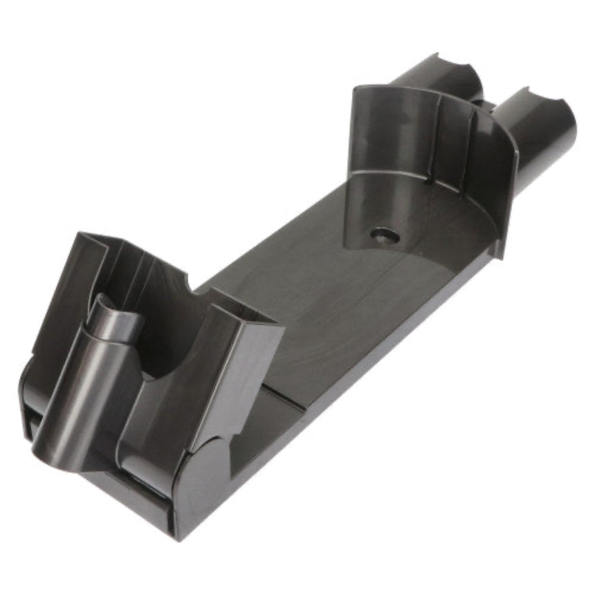 A black plastic mounting bracket or clip with a flat rectangular base and two angled support arms, shown on a plain white background.