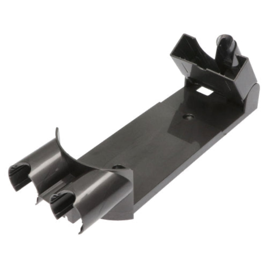A black plastic mounting bracket or support arm with a rectangular base, curved side supports, and a small angled tab at one end, shown on a plain white background.