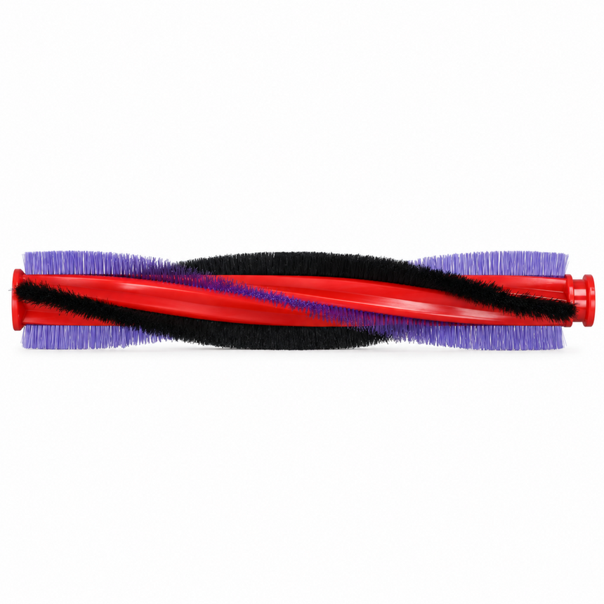 A dual-bristle robot vacuum brush bar with a red plastic core, black bristles on top, and purple bristles on the sides, shown against a plain white background.