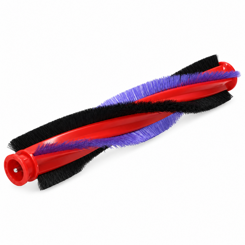 A robotic vacuum cleaner brush bar with a red plastic frame, black bristles, and purple bristles, shown on a plain white background.