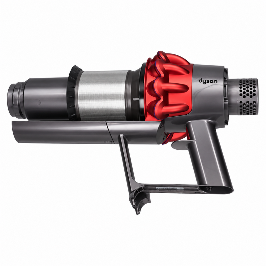 Dyson cordless vacuum cleaner in a side profile view, featuring a dark gray and silver body with a distinctive red cyclone component, on a solid white background.