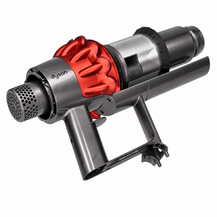 Dyson cordless vacuum cleaner shown from a three-quarters angle on a solid white background, featuring its signature red and dark gray plastic components.