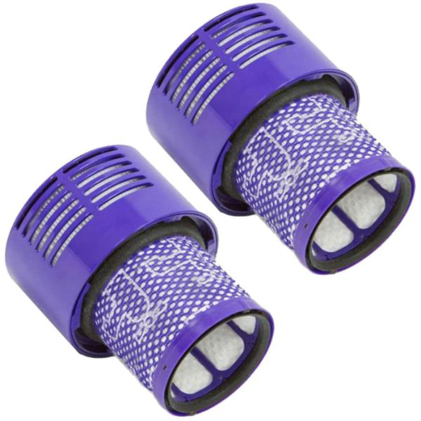 Two purple air filter cartridges on a white background