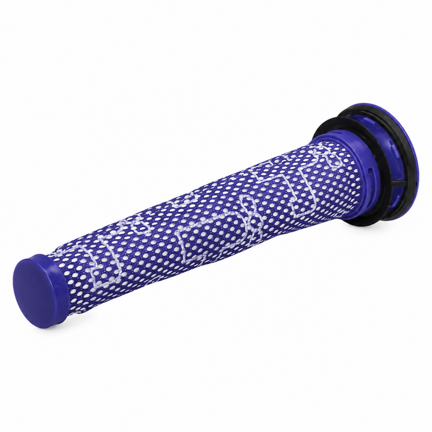 A replacement vacuum filter cartridge with a blue and white patterned mesh body and solid blue end caps, shown on a plain white background.