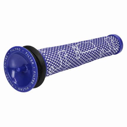 A blue and white patterned vacuum filter cartridge with blue end caps, shown on a plain white background.