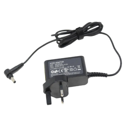 Black AC adapter with power cord on a white background
