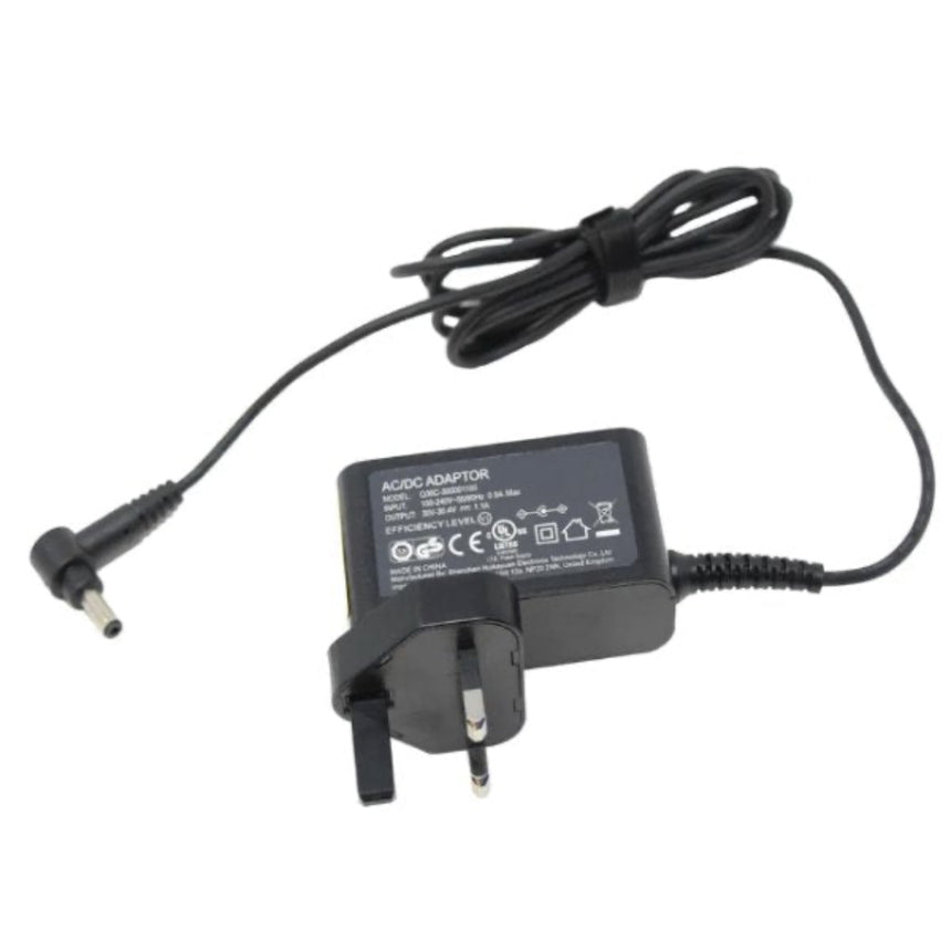Black AC adapter with power cord on a white background