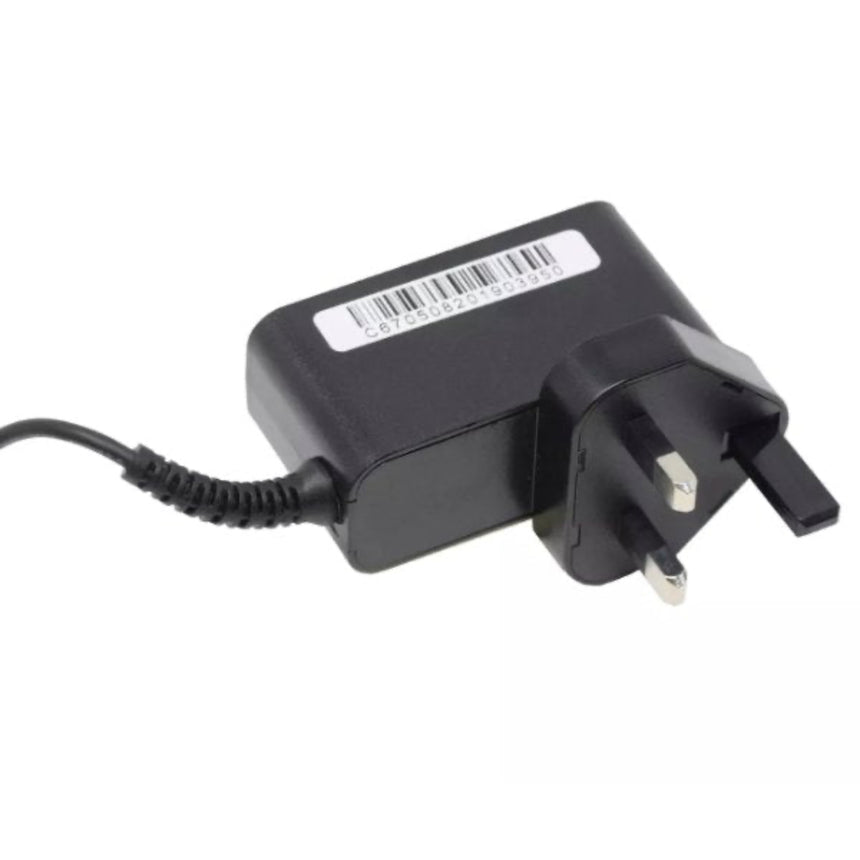 Black power adapter with UK plug on a white background