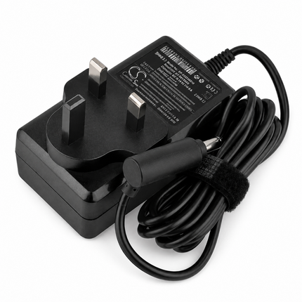 Black power adapter with UK plug on a white background