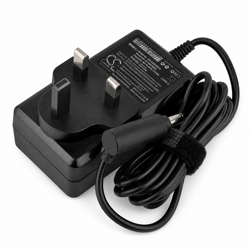 Black power adapter with UK plug on a white background
