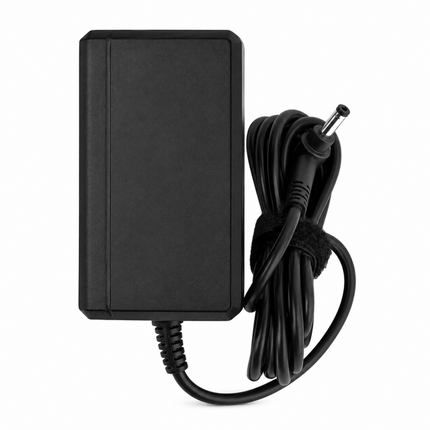 Black power adapter with a cord on a white background