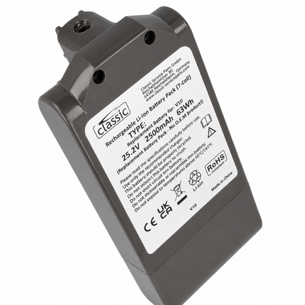 A dark gray Classic Rechargeable Li-ion Battery Pack (7-cell) with a white label showing specifications and safety icons, photographed on a white background.