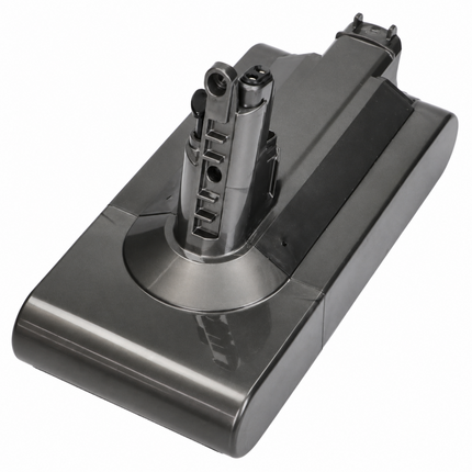 A dark gray replacement battery for a cordless vacuum cleaner, shown from an elevated angle on a plain white background.