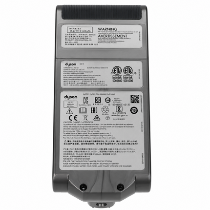 The back of a Dyson cordless vacuum cleaner battery pack, showing three white labels with regulatory warnings, specifications, and certification marks on a solid white background.