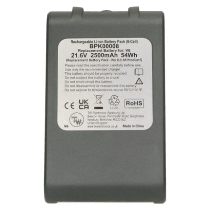 A dark gray rectangular rechargeable lithium-ion battery pack with a white printed specification and safety label on the front, photographed against a plain white background.