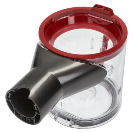 A transparent cylindrical dust container with a dark gray angled intake tube and a red plastic lid, isolated on a white background.