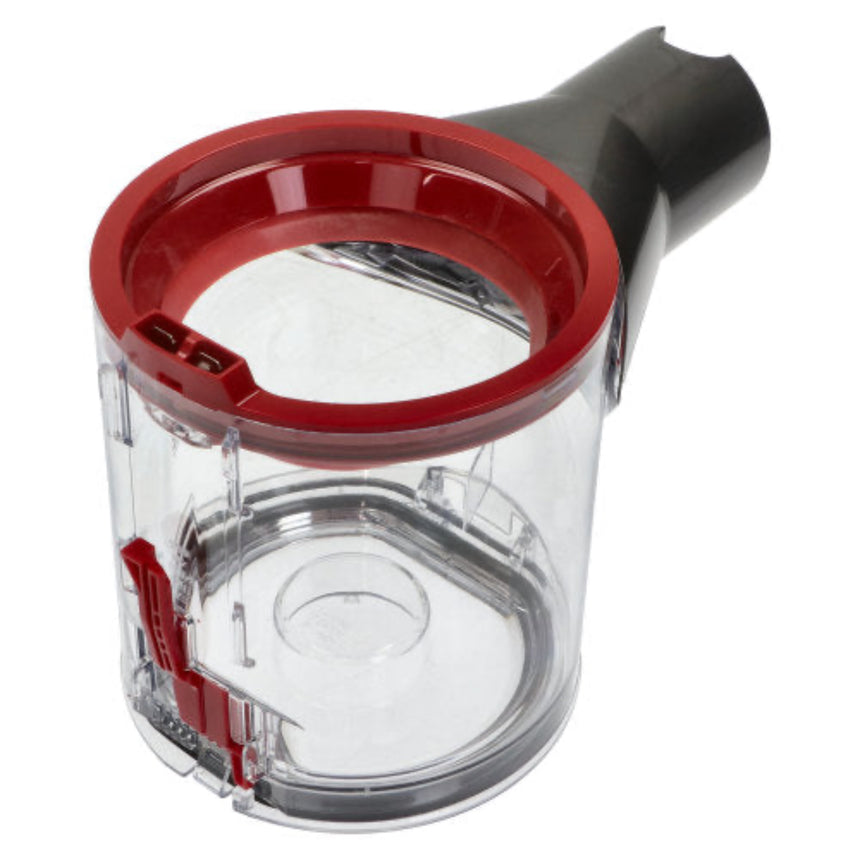 A clear plastic vacuum cleaner dust container with a red rim and a black hose connector, shown on a plain white background.