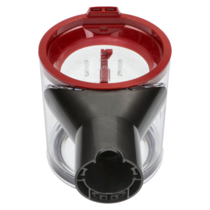 A replacement dustbin container for a vacuum cleaner, featuring a clear plastic body, a black funnel-shaped attachment, and a red lid with a latch mechanism, shown on a white background.